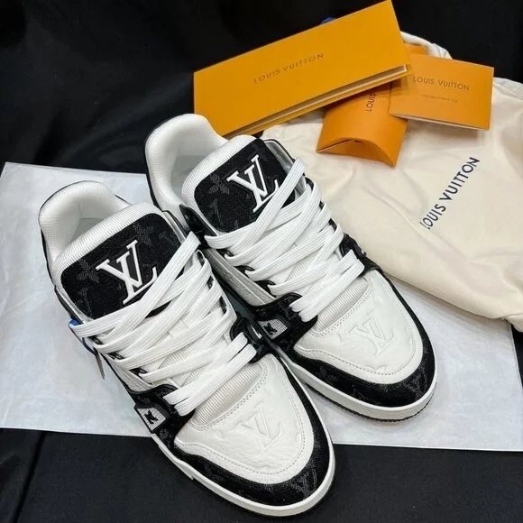 Louis Vuitton Trainer Sneaker Black and White with Pink Accents Boots